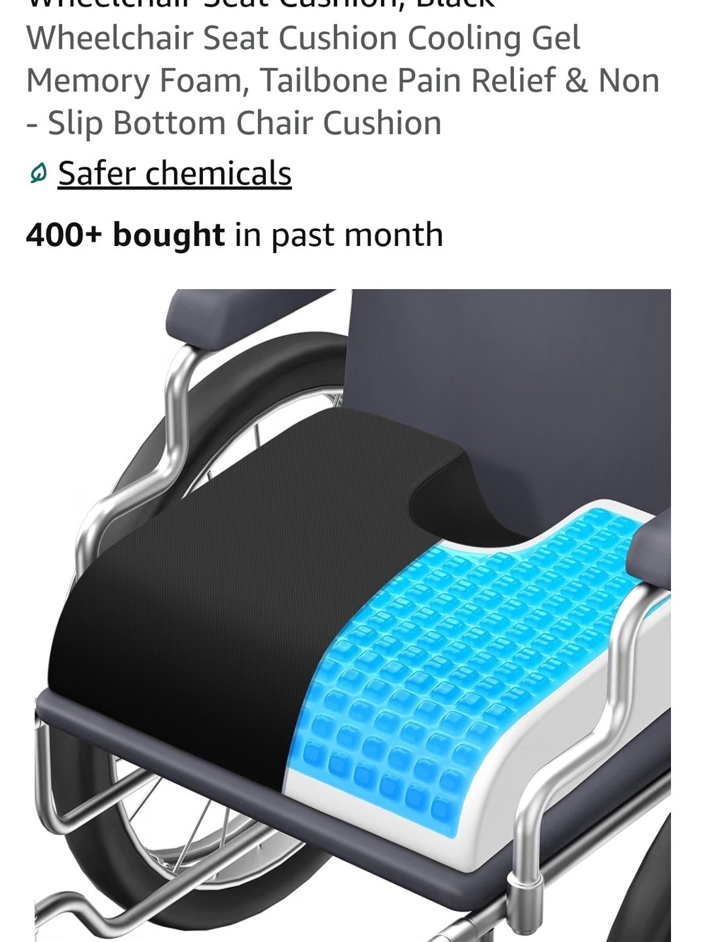 Cooling Gel Memory Foam Wheelchair/ Office Seat Cushion - Black with Blue Gel